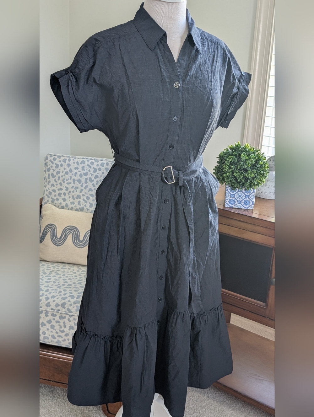 Women’s Black Button-Front Belted Shirt Dress